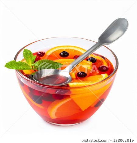 Red Fruit Punch with Oranges and Cranberries in Glass Bowl 128062019