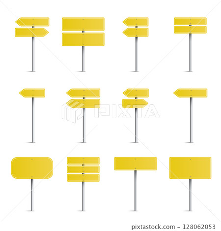 Blank Yellow Road Sign Posts Set - Directional Information Vector 128062053