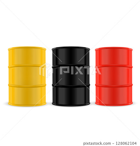 Colorful Industrial Barrels Set: Yellow, Black, and Red Vector 128062104