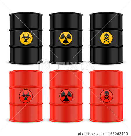 Hazardous Waste Barrels: Biohazard, Radiation, Toxic Skull Vector Hazardous Waste Barrels: Biohazard, Radiation, Toxic Skull Vector 128062133