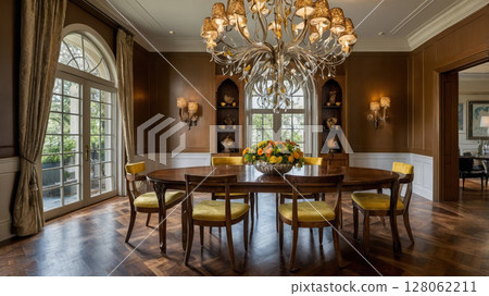 Elegant dining room with chandelier and floral centerpiece in a luxurious home setting 128062211