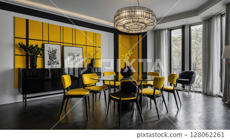 Stylish interior design with a modern dining area featuring yellow accents and large windows for natural light 128062261