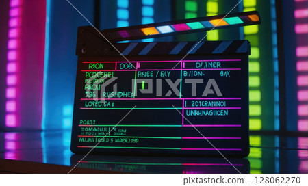 Movie Clapperboard in Colorful Neon Light Reflecting on Surface 128062270