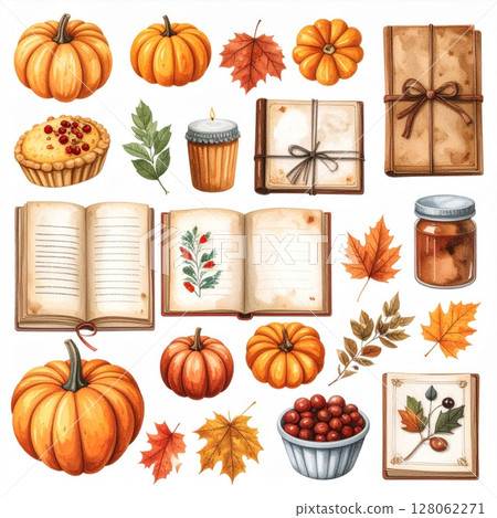 Watercolor Autumn Harvest Still Life with Pumpkins and Leaves 128062271