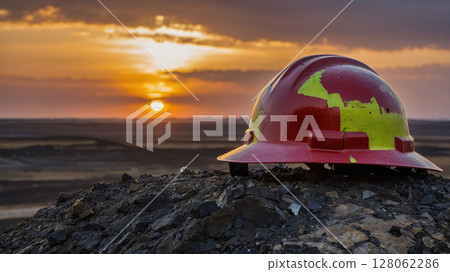 Red safety helmet resting on rocks in a mining area at sunset 128062286