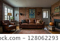 Cozy living room with rustic decor and warm lighting showcasing vintage elements and natural textures 128062293