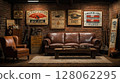 Rustic living room with vintage decor and brick walls showcasing unique artwork and cozy furniture 128062295