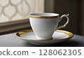 Elegant white and gold porcelain teacup and saucer resting on a table 128062305