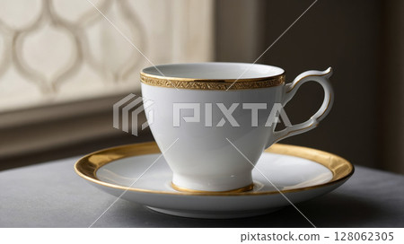 Elegant white and gold porcelain teacup and saucer resting on a table 128062305
