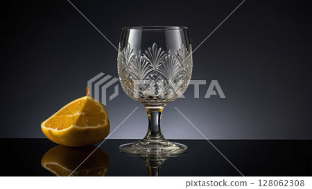 Crystal glass and a slice of citrus fruit standing on a reflective surface 128062308