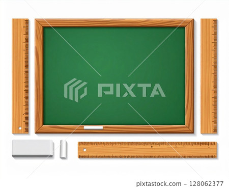 Green Chalkboard with Wooden Frame and Rulers 128062377