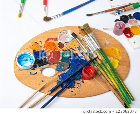 Colorful Paint Palette with Brushes and Paint Tubes 128062378