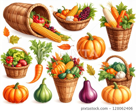 Autumn Harvest Vegetables in Wicker Baskets 128062406