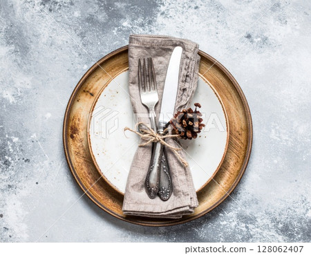 Rustic Elegant Table Setting with Neutral Colors 128062407