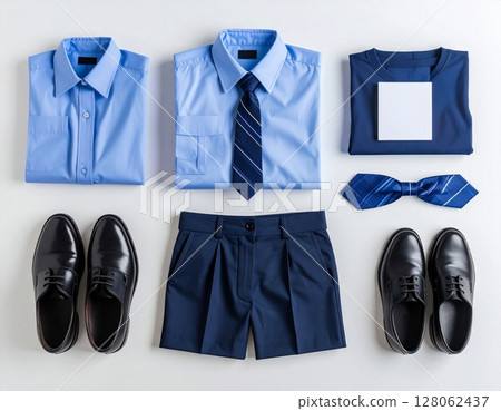 Boy's Blue School Outfit: Shirt, Shorts, Tie, Shoes Boy's Blue School Outfit: Shirt, Shorts, Tie, Shoes 128062437