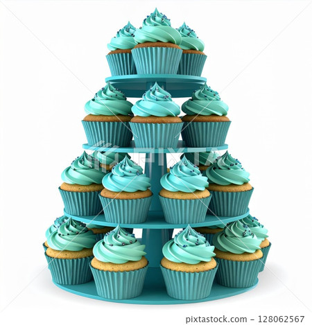 Teal Cupcake Tower on White Background Teal Cupcake Tower on White Background 128062567