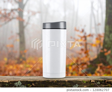 White Tumbler on Wooden Surface with Autumn Forest Background 128062707