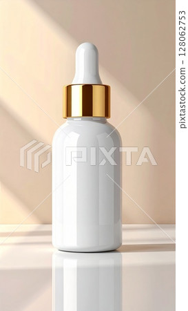 White Glass Dropper Bottle with Gold Accents on White Background 128062753