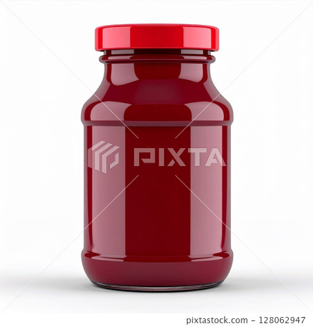 Red Glass Jar of Food Preserve on White Background 128062947