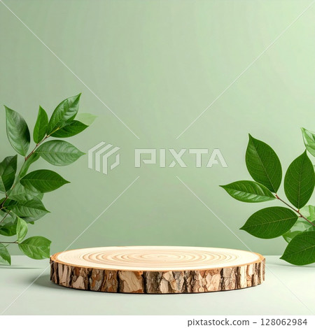 Wooden Slice Display with Green Leaves on Pale Green Background 128062984