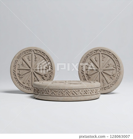 Beige Stone Disks with Carved Symbols on Light Background 128063007