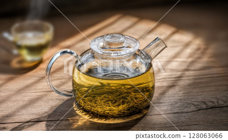 The steam from a cup or pot of tea on the old wood table and black background with nature 128063066