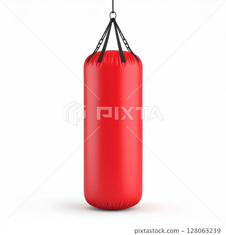 Red Punching Bag Hanging Against White Background 128063239