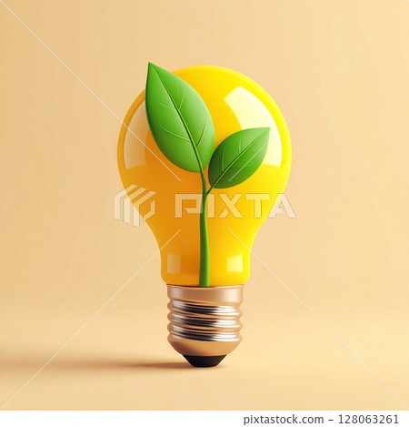 Yellow Lightbulb with Green Sprout and Leaves 128063261