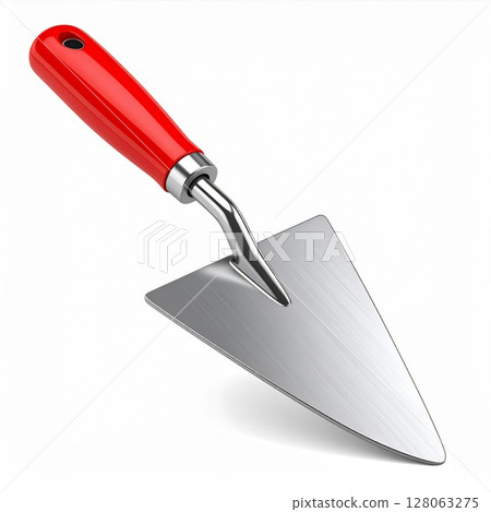 Red-Handled Metal Trowel on White Background 128063275