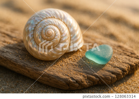 Iridescent Spiral Seashell and Aqua Sea Glass Resting on Weathered Driftwood Sand 128063314