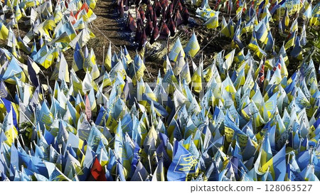 Many small blue-yellow flags with names of the dead war against russia. Memorial of the fallen soldiers, children, women in the capital of Ukraine. Concept of tragedy and misfortune. Close up 128063527