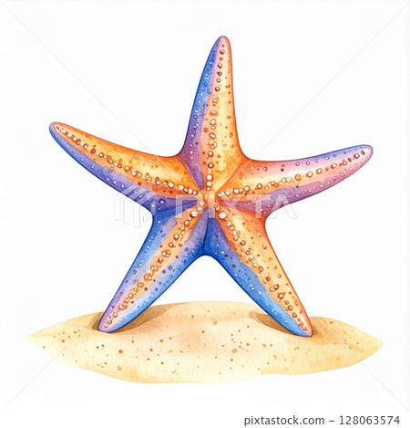 Watercolor Starfish on Sandy Beach 128063574