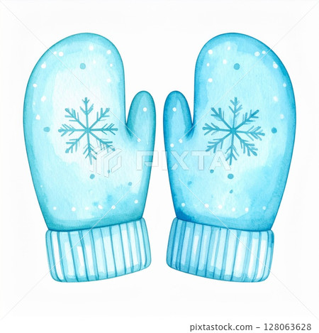 Pair of Light Blue Watercolor Mittens with Snowflakes Pair of Light Blue Watercolor Mittens with Snowflakes 128063628