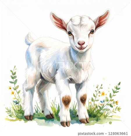 Adorable White Baby Goat in Spring Meadow 128063661