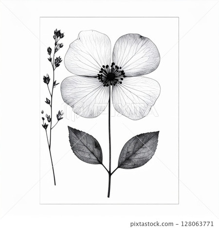 Monochrome Botanical Flower Illustration with Leaves 128063771