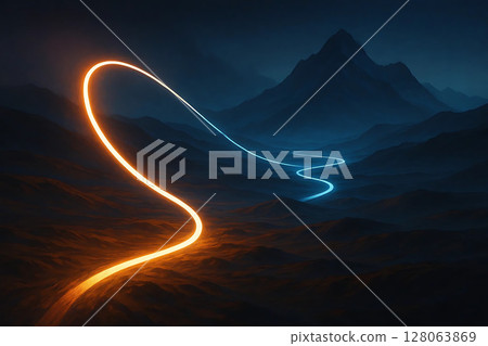 Light Trail Jumping Across Vast Landscapes and Distant Mountains 128063869