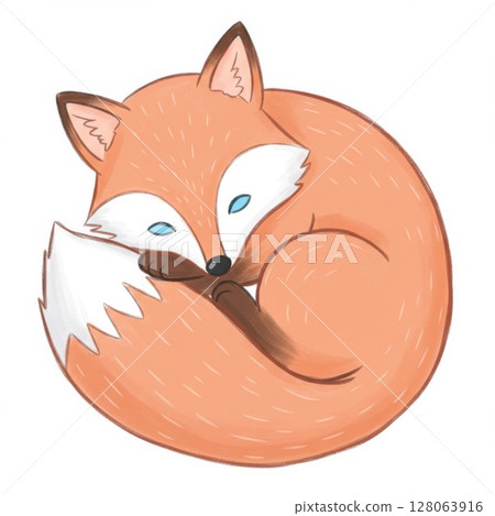 Cute Orange Fox Curled Up Sleeping Illustration 128063916