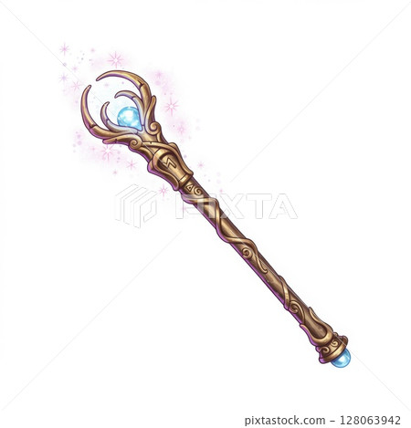 Ornate Gold Staff with Blue Crystal and Pink Sparkles 128063942