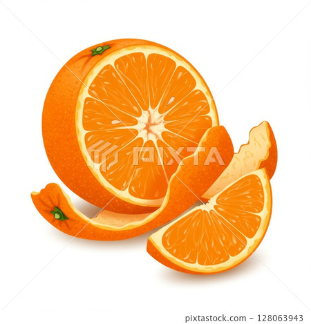 Ripe Orange Slices with Peel on White Background 128063943