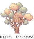 Whimsical Pastel Treehouse Illustration with a Goat 128063968