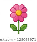 Pink Pixelated Flower with Green Leaves on White 128063971