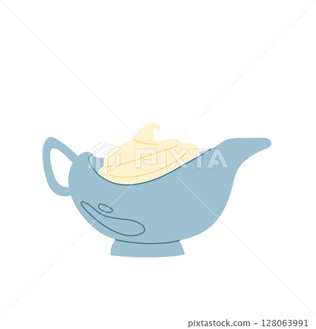 Elegant gravy boat with sauce in soft pastel blue. Elegant gravy boat with sauce in soft pastel blue. 128063991