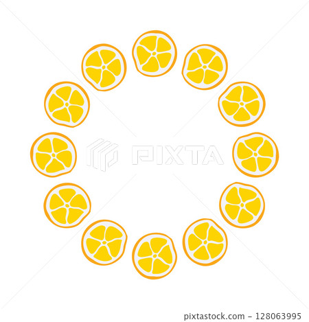 Round Lemon frame. Simple yellow Lemon slice Wreath. Slice of citrus. Decoration element for cards and seasonal decor, menu. Vector flat illustration. 128063995