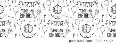 Outline seamless pattern with birthday party element cake, balloon, confetti. Ideal for gift wrap, invitations, party supplies. Vector doodle illustration, playful and celebratory mood. 128063996