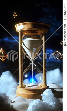 Golden hourglass stands among glowing clouds as celestial ether symbols drift through space, sand flows with quiet urgency, merging fantasy time with digital-age crypto symbolism. 128064056