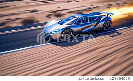 Silver futuristic sports car racing through the desert under a bright sun, creating an impressive trail of fire and smoke, embodying speed and cutting edge design 128064059