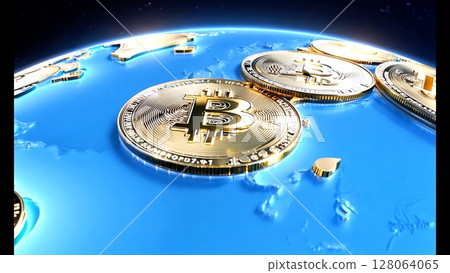 Shining golden bitcoins cascading over stylized world map, representing cryptocurrency's expanding global financial influence and technological advancement 128064065
