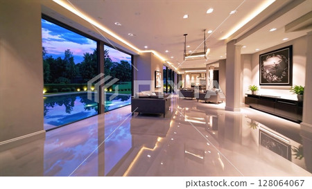 Large windows framing a stunning sunset view of the illuminated pool and garden in a spacious, contemporary living room with polished tile floors and stylish furnishings 128064067