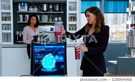 Professional women working together in contemporary kitchen, blending fresh ingredients using high tech digital food processor with minimalist design and smart functionality 128064068