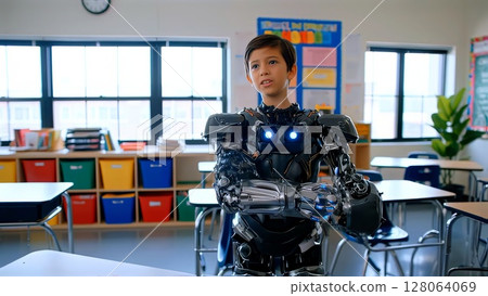 Schoolboy standing in classroom, crossing arms while wearing advanced robotic exoskeleton, embodying cutting edge educational technology innovation 128064069